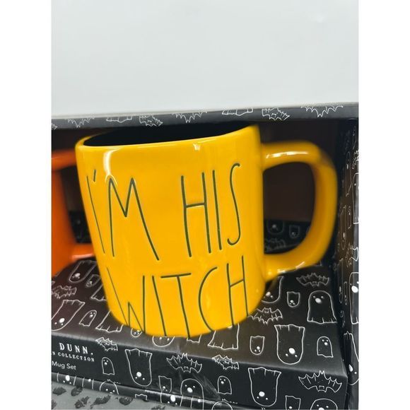 Rae Dunn Halloween I'M HER BOO & I'M HIS WITCH Orange & Yellow Mug Set of 2 NIB - Picture 3 of 4